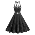Abito midi vintage a pois rossi con allacciatura al collo, linea ad A e cintura bianca - S / Nero