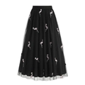 Elegante gonna midi in tulle nero a vita alta con dettagliati ricami di fenicotteri rosa - S / Nero