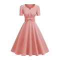 Vintage pink V-neck short sleeve A-line dress with bow waist and pleated Hepburn style - S / Pink