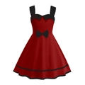 Retro red sleeveless A-line girls dress with black bow and scalloped trim on white background - 120 / Red