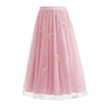 Gonna in tulle rosa a vita alta con ricamo a fenicottero ed elastico in vita - S / Rosa