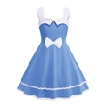 Retro light blue A-line girls dress with white bow and scalloped trim details - 120 / Blue