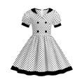 Girl's French style polka dot A-line dress with puff sleeves and double-breasted buttons - 120 / White