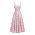 Detailed view of pink floral dress featuring delicate lace trim and sweetheart neckline - S / Pink