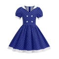 Navy blue polka dot girls' dress with white Peter Pan collar and puff sleeves - 120 / Dark Blue