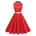 Retro rode mouwloze jurk met witte stippen, reverskraag en witte smalle riem - S / Rood