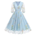 Light blue V-neck mesh dress with floral embroidery and long sleeves on white background - S / Blue