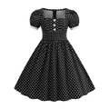 Abito a trapezio retrò a pois neri con scollo quadrato e maniche a sbuffo bimba - 110 / Nero