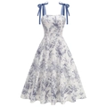 Vintage A-lijn midi-jurk met blauwe rozenprint en marineblauwe lintbandjes - S / Wit