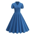 Elegante vestido línea A azul pavo real con cuello en V, mangas farol retro y bolsillos - S / Verde azulado