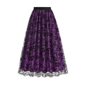 Vintage 50s purple midi skirt with elegant black floral mesh overlay and elastic waist - Purple