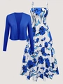Detail von marineblauer Strickjacke mit weißem Kleid mit Blumenmuster im Set - S / Dunkelblau