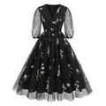 Elegant black V-neck A-line dress with sheer lantern sleeves and floral embroidery - S / Black