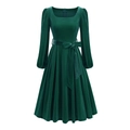 Elegant emerald green square neck velvet dress with long sleeves and bow belt - S / Green