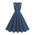 Detailed view of the dark blue vintage A-line dress with white lace collar and bow tie - S / Dark Blue