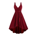 Elegante abito senza maniche bordeaux con scollo a V, vita con cintura e orlo asimmetrico - S / Rosso