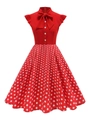 Detail of red retro dress featuring a bow tie collar, front buttons and ruffle cap sleeves - S / Red