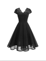 Elegante vestido retro negro con cuello en V, bordado de encaje y falda evasé de tul - S / Negro