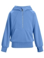 Detail van blauwe kinderhoodie met halve rits, duimgaten en een handige kangoeroezak - 5-6Y / Blauw