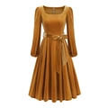 Golden velvet square neck long sleeve midi dress with matching bow waist belt - S / Yellow