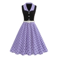 Retro sleeveless polka dot dress in purple and black with white belt and lapel collar - S / Purple