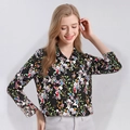 Women's silk floral long sleeve shirt with vintage black base and colorful print pattern - XL / Pattern No. 669