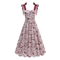 Elegant white floral A-line dress with burgundy ribbon straps and butterfly print - S / Dark Red