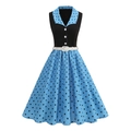 Retro sleeveless sky blue polka dot dress with black bodice and white belt accessory - S / Blue