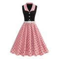 Vintage sleeveless black and pink polka dot dress with white belt and Peter Pan collar - S / Pink