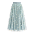 Hellblauer Mesh-Maxirock mit hoher Taille und weißem Gänseblümchen-Blumenmuster - S / Blau