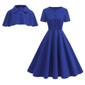 Set abito due pezzi blu reale vintage con gonna a trapezio e mantella con bottoni - S / Blu