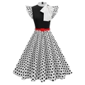 Vintage 50s floral polka dot dress with white bow collar and vibrant red belt detail - S / White with Black Polka Dots