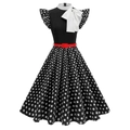 Robe vintage style Audrey Hepburn avec jupe à pois, col à nœud et ceinture rouge taille - S / Noir à pois blancs