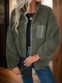 Detail of olive green sherpa fleece jacket featuring high collar and zip chest pocket - S / Green