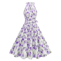 Robe licou élégante sans manches avec imprimé floral violet et jupe évasée de style rétro - M / Violet