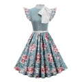 Robe vintage bleu clair à imprimé fleuri avec nœud blanc et coupe trapèze élégante - S / Fleur Bleue