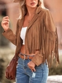 Primer plano detallado de la textura de ante camel y los flecos estilo western de chaqueta - S / Camel