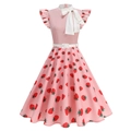 Vintage 1950s pink strawberry print dress with white bow collar and flared hem - S / Pink Strawberry