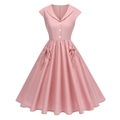 Pink Hepburn style vintage dress with lapel collar and A-line swing skirt silhouette - S / Pink