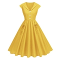 Vintage ginger yellow A-line dress with V-neck lapel and buttons on white background - S / Yellow