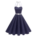 Retro halter polka dot dress in navy blue with white bow, sweetheart neckline and A-line skirt - S / Navy Blue