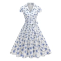 Elegant white short sleeve A-line dress with blue rose print and bow belt - S / White