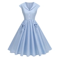Elegant 50s vintage light blue dress with lapel collar, buttons and bow pockets - S / Blue