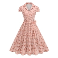 Vintage A-line floral print dress in pink with button-down collar and waist belt - S / Pink