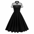 Schwarzes Vintage A-Linien-Kleid mit gepunkteten Netzärmeln und einer Schleife am Hals - S / Schwarz