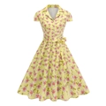 Gelbes Vintage-Kleid im 50er-Stil mit roten Rosen, Reverskragen und Taillengürtel - S / Gelb