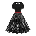 Retro Polka-Dot Kleid mit kurzen Ärmeln, schwarzem Oberteil und rotem Gürtel - S / Schwarz