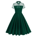 Dunkelgrünes Vintage-Kleid mit gepunkteten Netzärmeln und großem A-Linien-Rockteil - S / Dunkelgrün