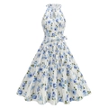 Robe trapèze élégante sans manches avec imprimé floral de roses bleues et col licou - M / Bleu