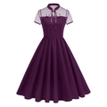 Dunkelviolettes Vintage-Kleid in A-Linie mit gepunkteten Netzärmeln und Halsschleife - S / Lila